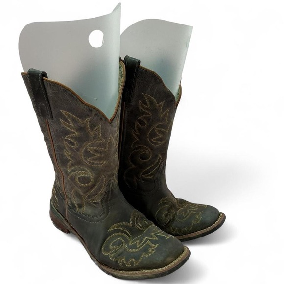 Laredo Western Cowboy Boots Square Toe Floral Embroidered Dark Brown Pull On - Picture 1 of 5